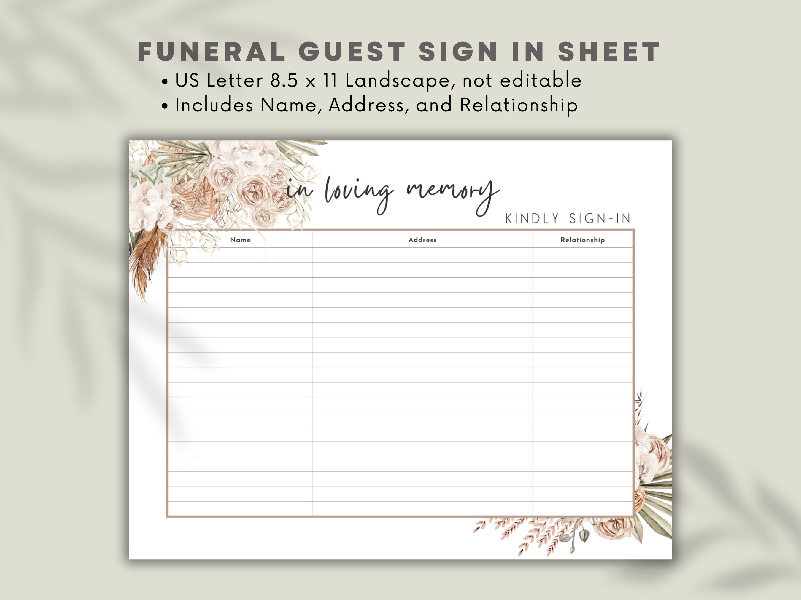 Funeral Guest Sign in Sheet Printable Pink Floral Design Funeral Guest ...