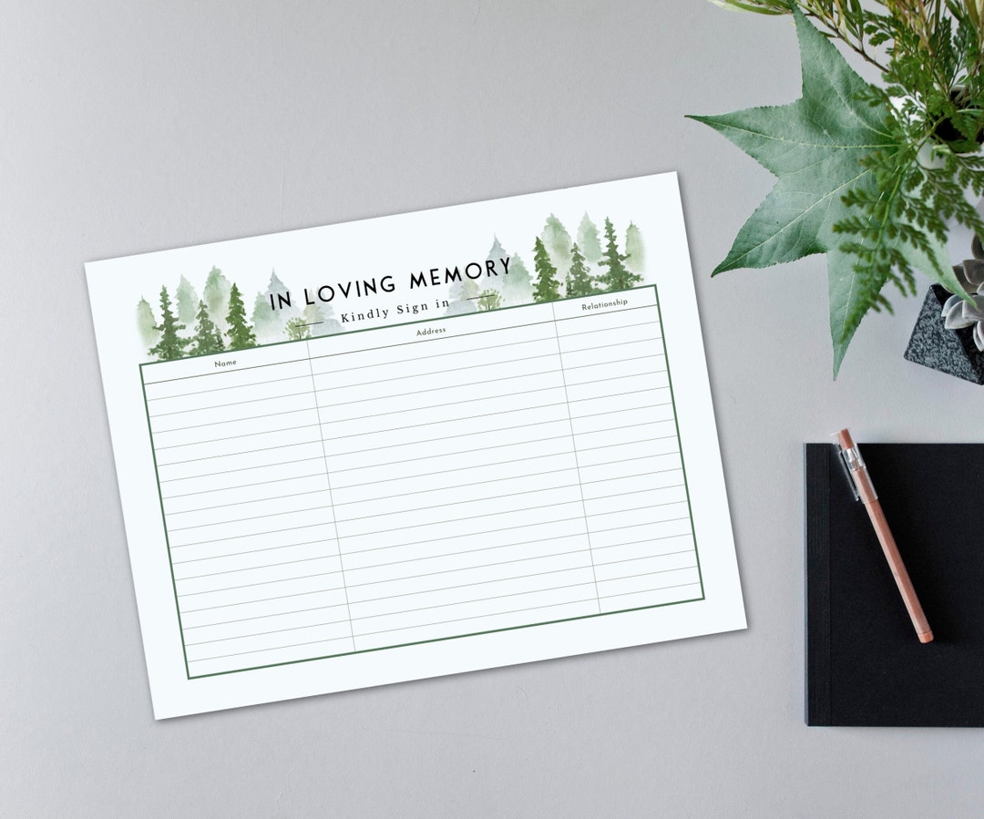 Funeral Guest Sign in Sheet Printable Forest Design Funeral Etsy