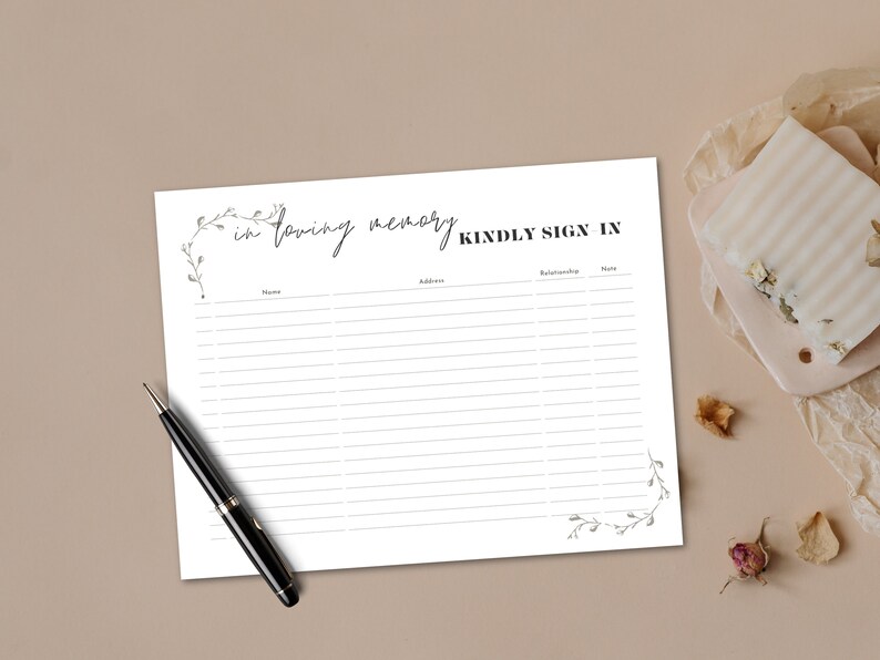 Funeral Sign in Sheet Printable Modern Funeral Guest Check in Sheet