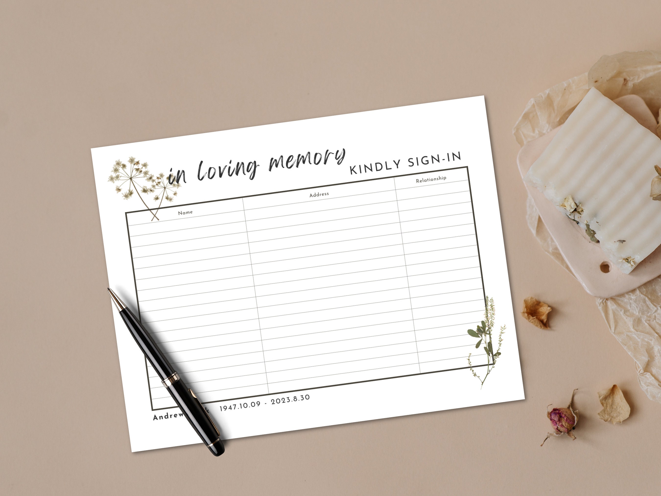 Funeral Guest Sign in Sheet Template Canva Funeral Guest Book Insert