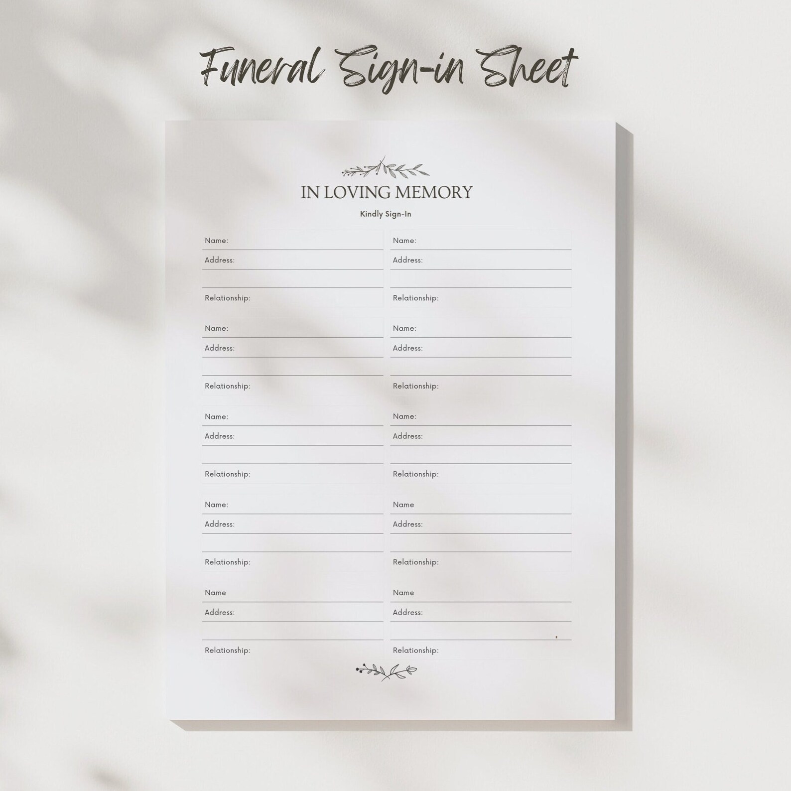 Funeral Sign in Sheet Printable Funeral Guest Book Insert Printable