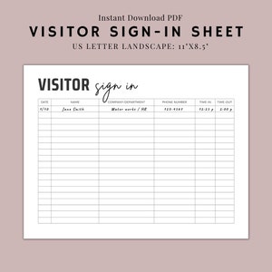 Visitor Sign in Sheet Printable Guest Check in Sheet for - Etsy