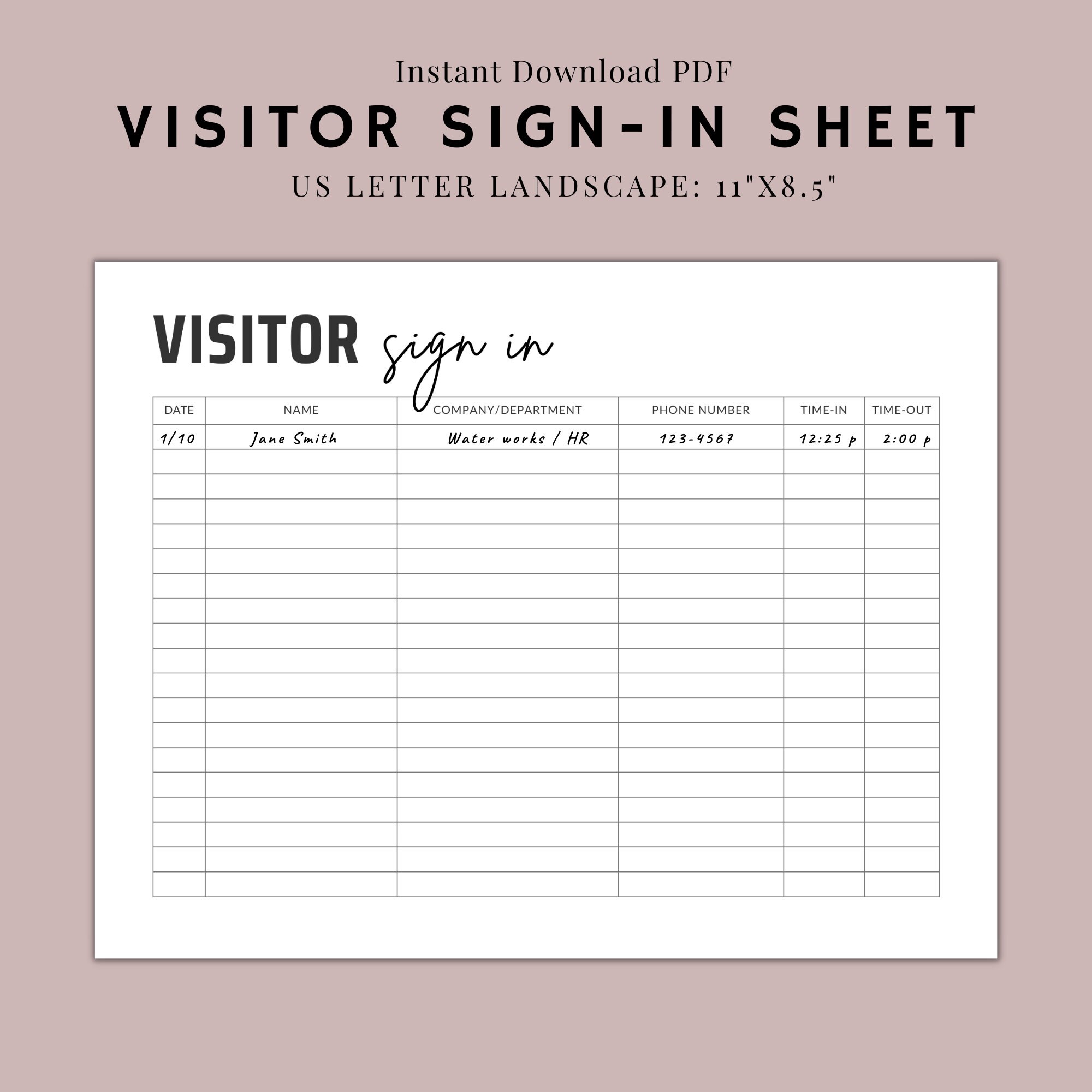 Visitor Sign in Sheet Printable Guest Check in Sheet for - Etsy