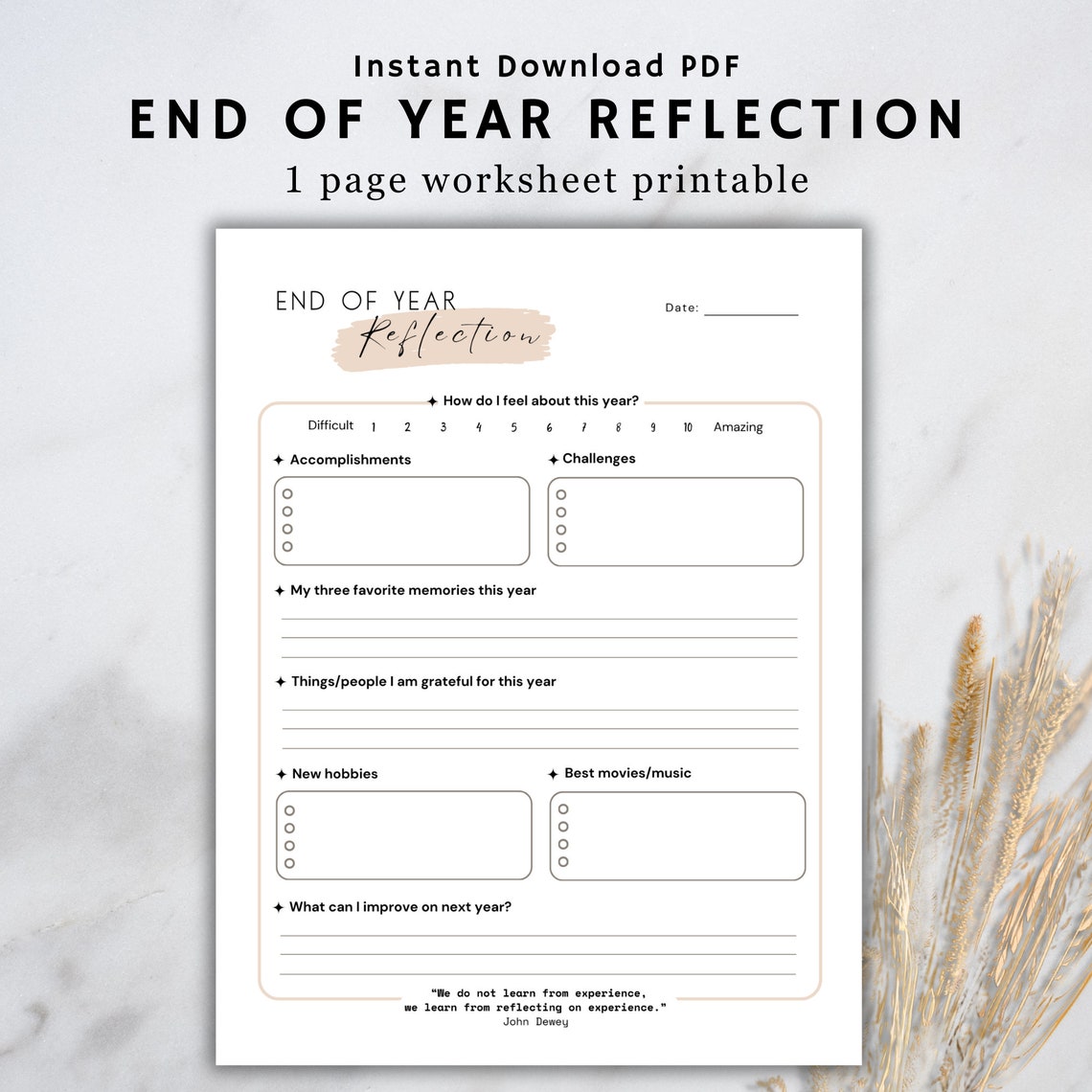 End of Year Reflection Worksheet: Printable Yearly Review (digital ...