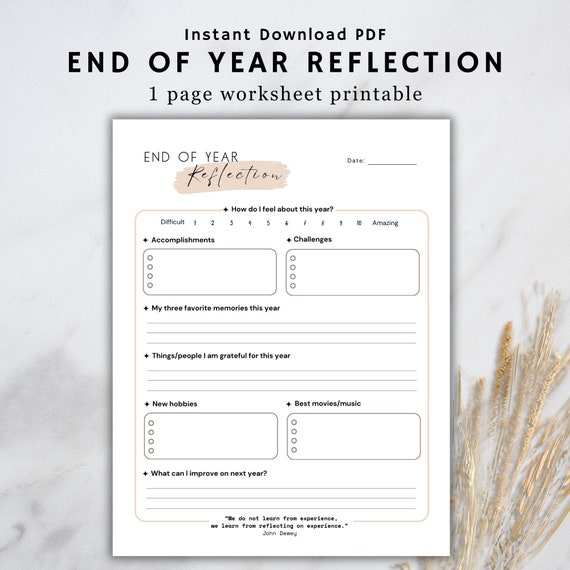 End of Year Reflection Worksheet: Printable Yearly Review (Digital Download)