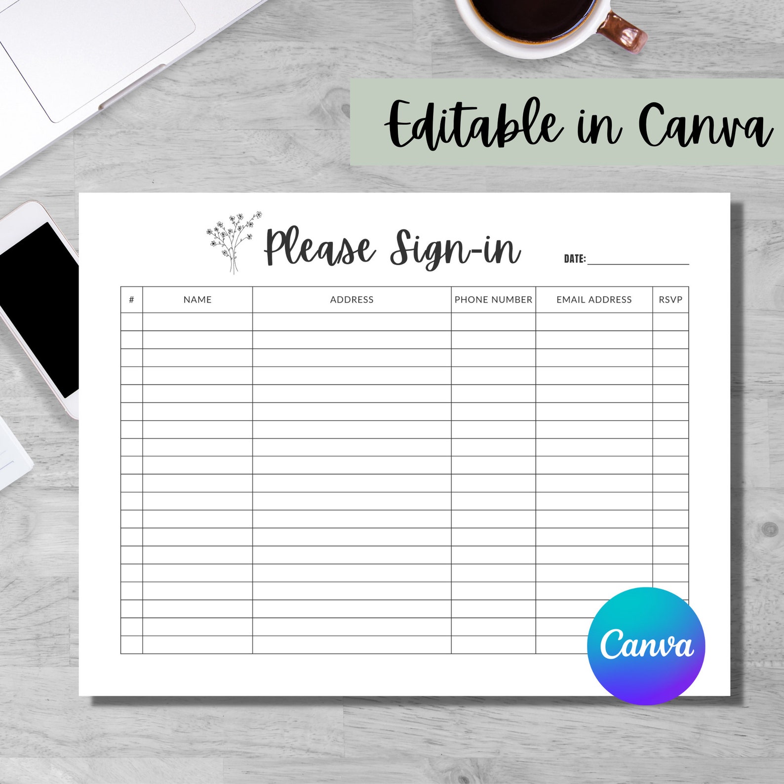 Guest Sign-in Sheet Template in Canva Visitor Sign in Sheet - Etsy