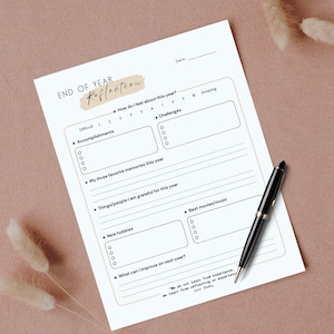 May include: A printable end of year reflection worksheet with prompts for accomplishments, challenges, favorite memories, things you are grateful for, new hobbies, and what you can improve on next year. The worksheet includes a scale from difficult to amazing for rating how you feel about the year.