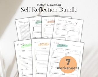 Self Reflection Worksheet Bundle Printable, Daily Weekly Monthly Reflection, Year in Pixels, Word of the Year, Reflection & Resolution