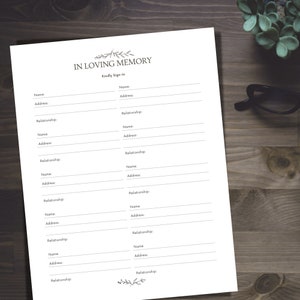 Utskrivbart inloggningsformulär för begravningsgäster, modern lövdesign (PDF-nedladdning) bild 3