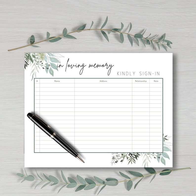 Funeral Sign in Sheet Printable Funeral Guest Check in Sheet Printable