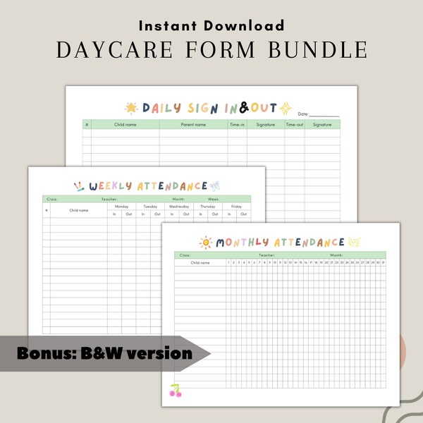 Daycare Sign In and Out Sheet Bundle Daycare Weekly Attendance Sheet Daycare Monthly Attendance Sheet Child Care Printable Color and B&W