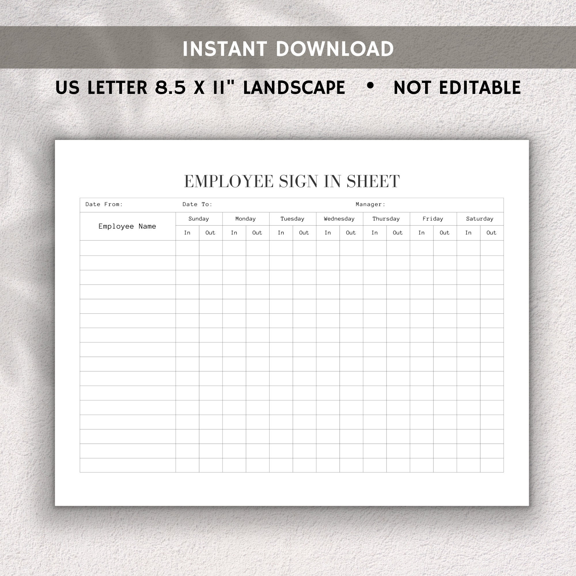 Employee Sign in Sheet Monday to Sunday Printable Work Time in and Time ...