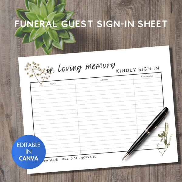 Funeral Guest Sign In Sheet Template Canva Funeral Guest Book Insert Template Funeral Sign In Editable Template Instant Download