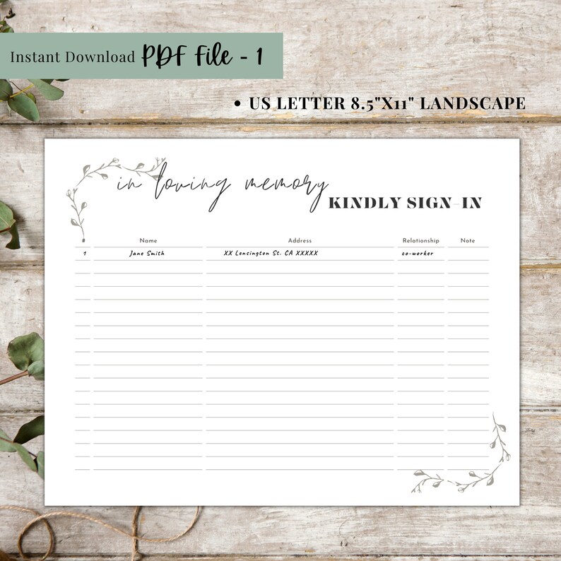 Funeral Sign in Sheet Printable Bundle Funeral Guest Check in Etsy Australia