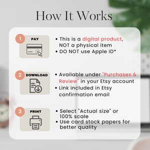 May include: An infographic titled "How It Works" with three steps: Pay, Download, and Print. Each step includes a brief description and an icon. The text emphasizes that the product is digital and not a physical item.