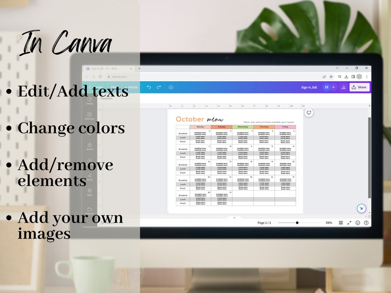 Daycare Monthly Meal Menu With Calendar Dates Template Canva - Etsy