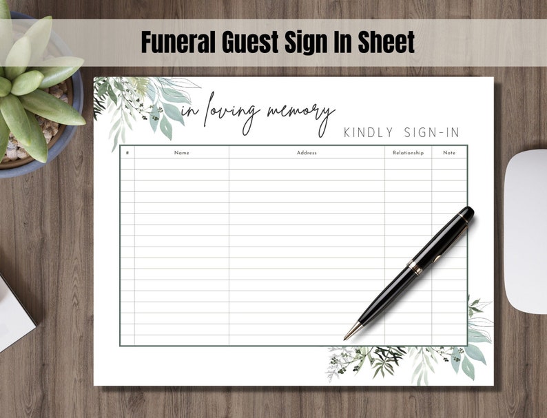 Funeral Sign in Sheet Printable Funeral Guest Check in Sheet Printable