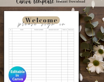 Plantilla editable de hoja de registro de visitantes, Canva (tamaño carta EE. UU.) (Descarga digital)