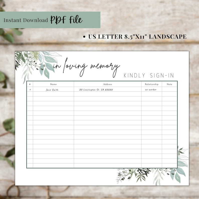 Funeral Sign in Sheet Printable Funeral Guest Check in Sheet Printable