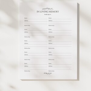 Utskrivbart inloggningsformulär för begravningsgäster, modern lövdesign (PDF-nedladdning) bild 4