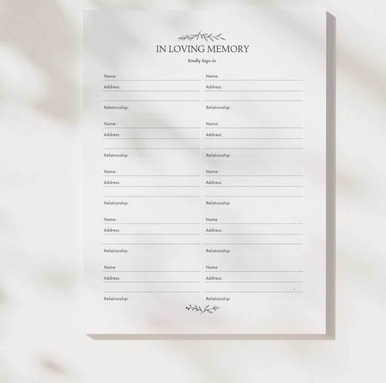 Utskrivbart inloggningsformulär för begravningsgäster, modern lövdesign (PDF-nedladdning) bild 4