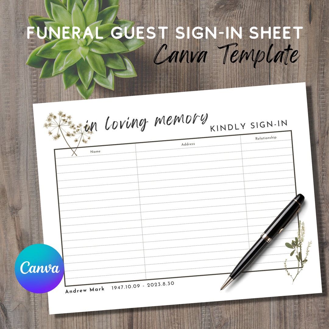 Funeral Guest Sign in Sheet Template Canva Funeral Guest Book - Etsy