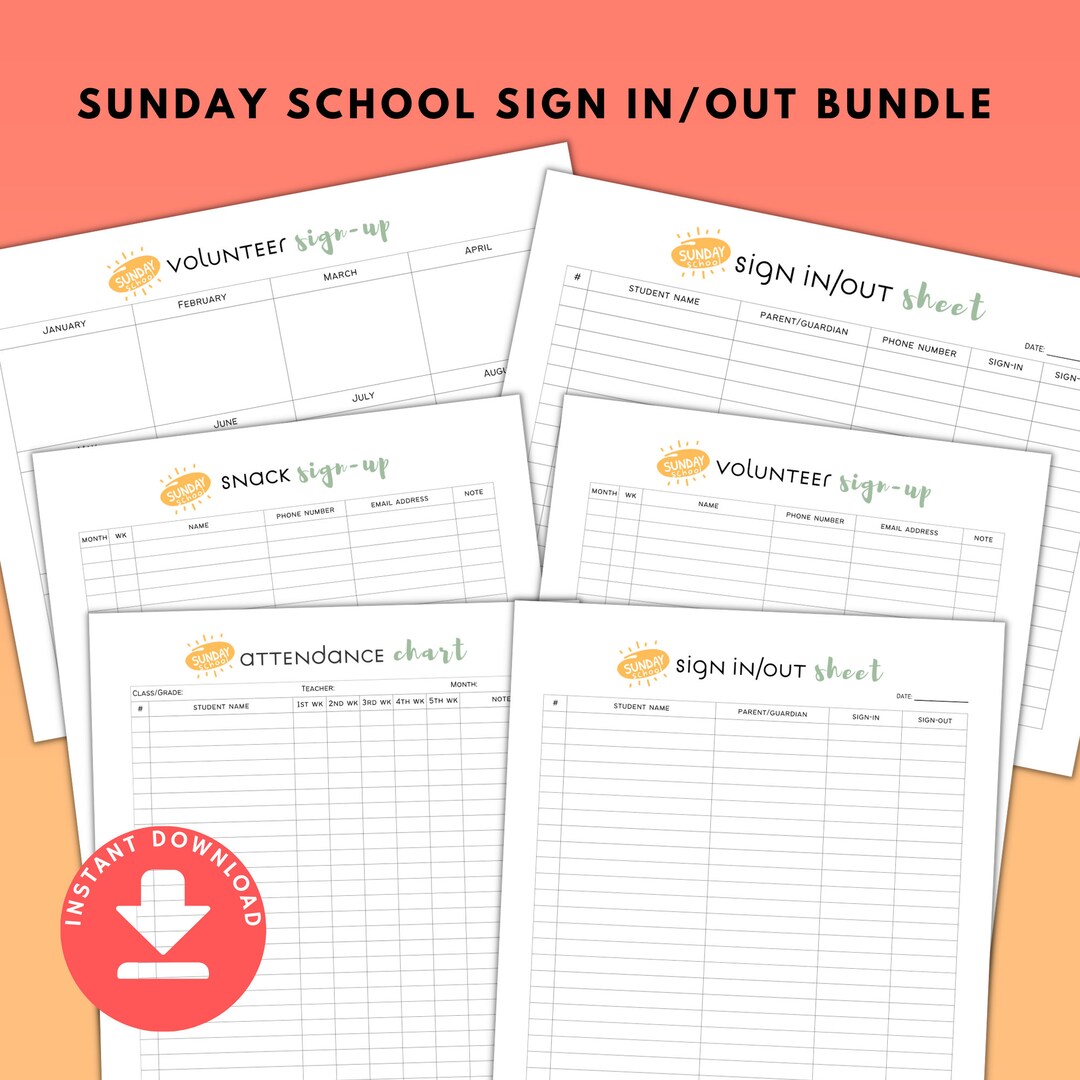Sunday School Sign in and Out Sheet Printable Bundle for - Etsy