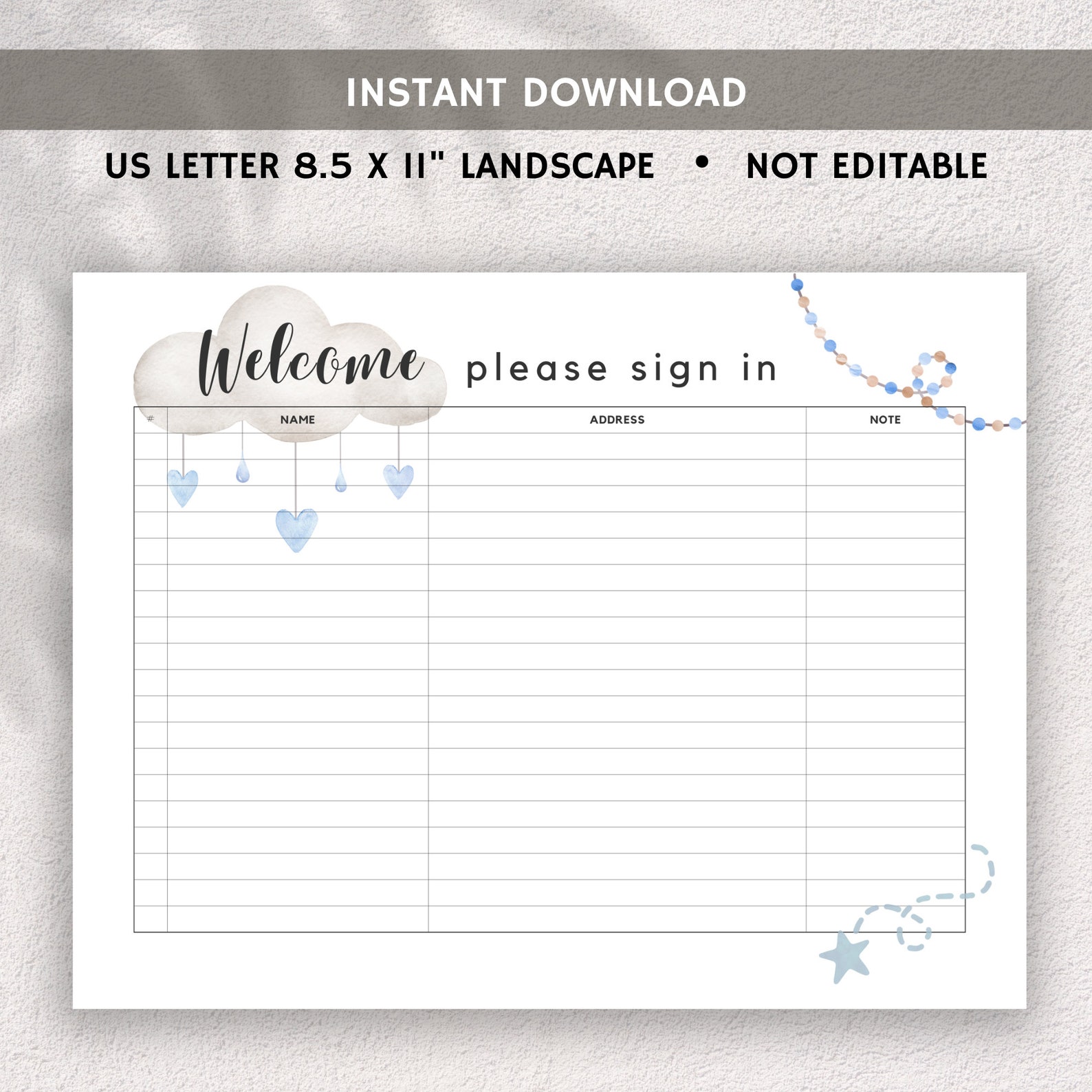 Baby Shower Guest Sign in Sheet Printable Blue Watercolor Theme Baby ...