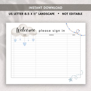 Baby Shower Guest Sign in Sheet Printable Blue Watercolor Theme Baby ...