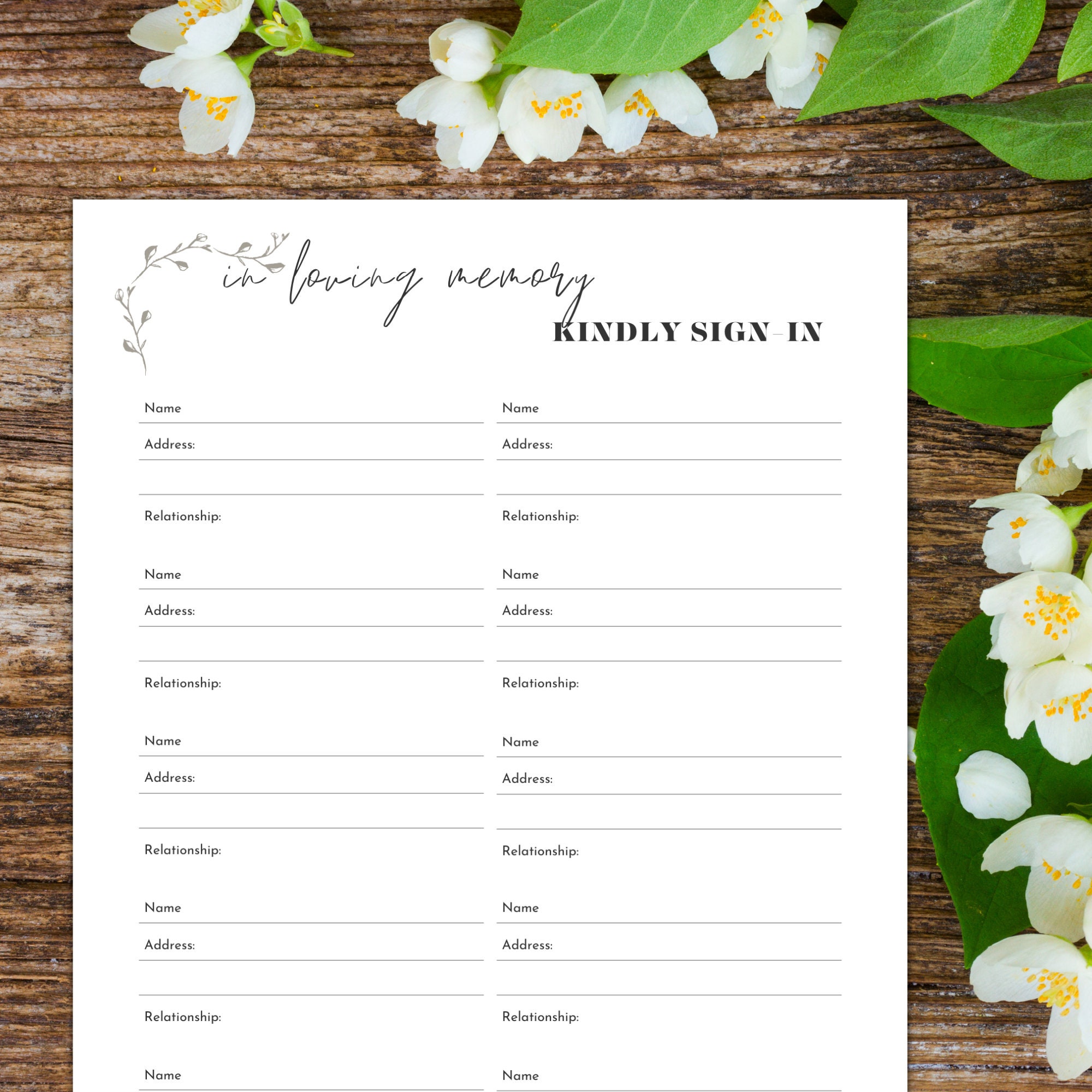 Funeral Sign in Sheet Printable Funeral Guest Check in Sheet Printable