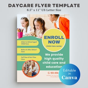 デイケア マーケティング チラシ テンプレート モダン チャイルドケア 編集可能な Canva テンプレート ホームケア チラシ テンプレート 8.5"x 11" 即時ダウンロード