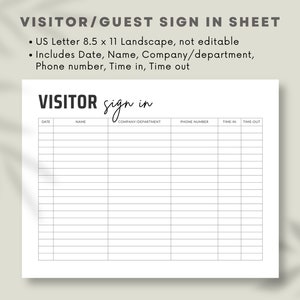Visitor Sign in Sheet Printable Guest Check in Sheet for Office Shops Business Events Time Stamp ...