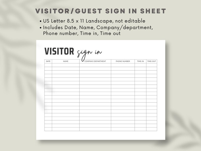Visitor Sign in Sheet Printable Guest Check in Sheet for Office Shops ...