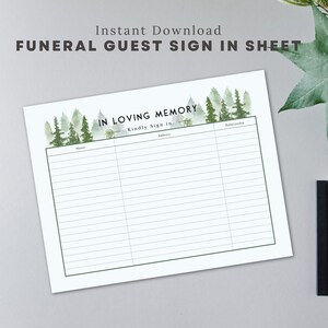 Hoja de registro de invitados funerarios Diseño de bosque imprimible Libro de visitas funerario Insertar Descarga instantánea Hoja de registro de funeral de árbol forestal moderno