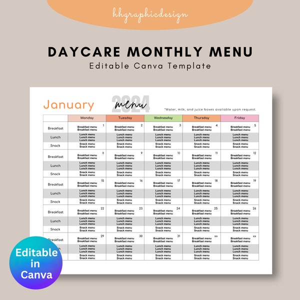 Daycare Calendar Template - Etsy