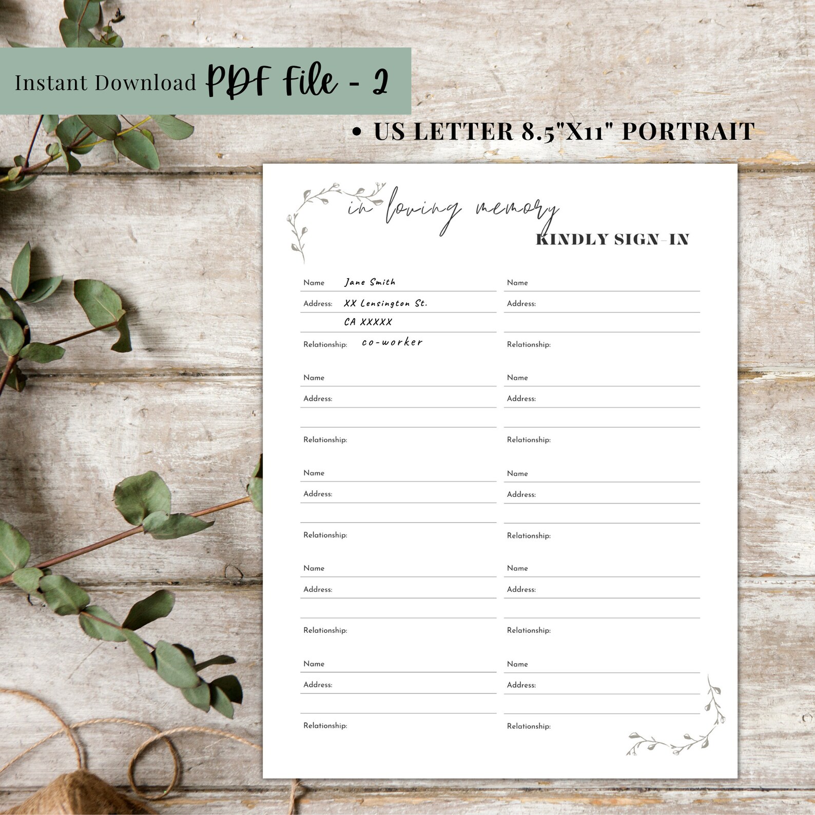 Funeral Sign in Sheet Printable Bundle Funeral Guest Check in Sheet