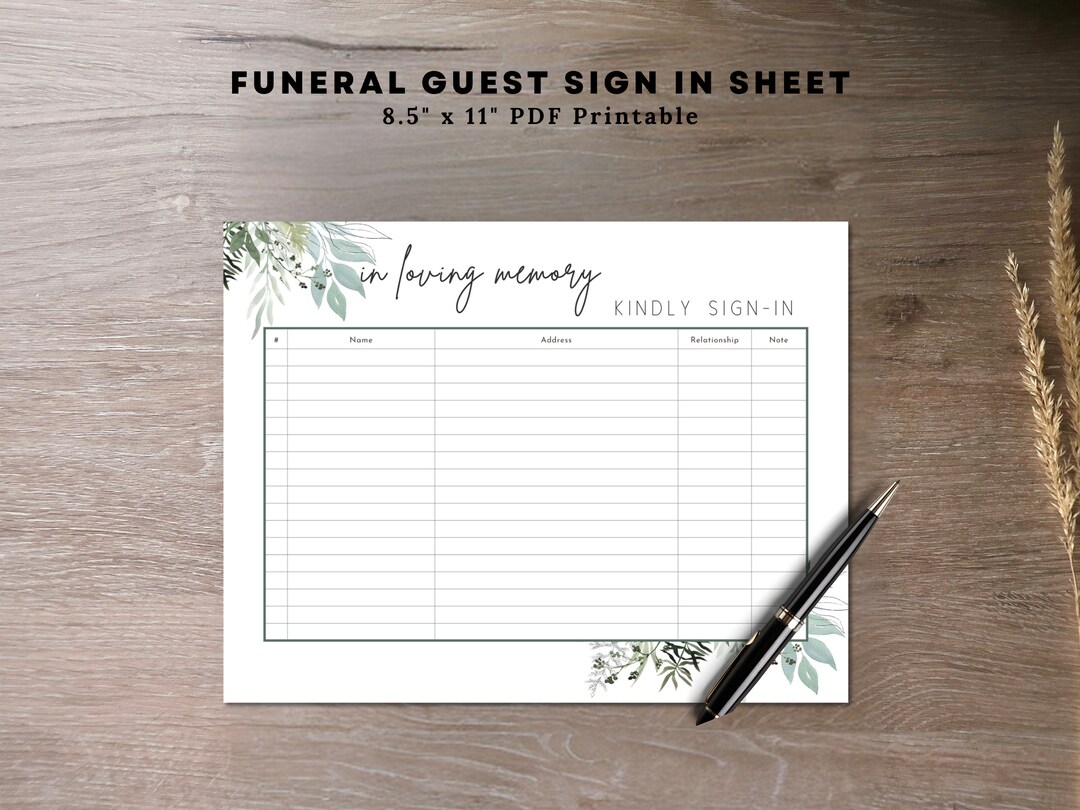 Funeral Guest Sign in Sheet Printable Funeral Check in Sheet Printable ...
