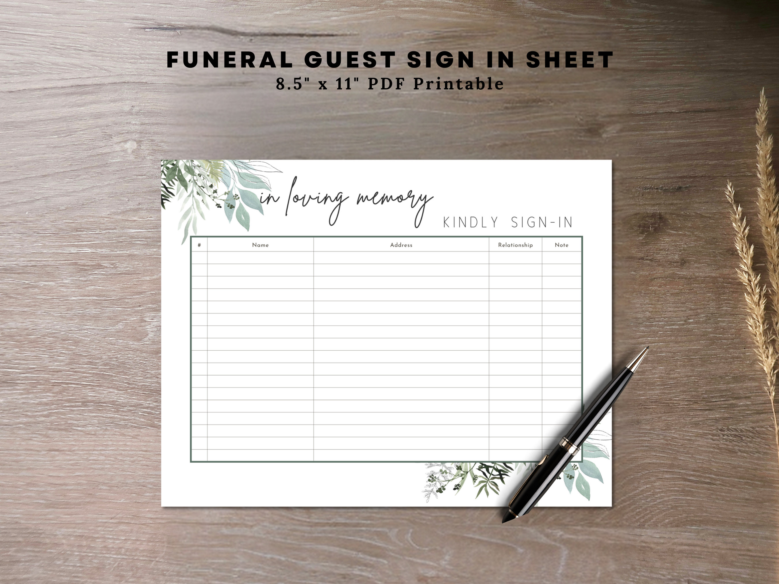 Funeral Guest Sign in Sheet Printable Funeral Check in Sheet Printable ...
