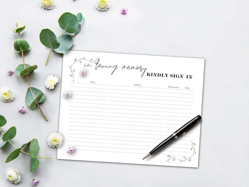 Funeral Sign in Sheet Printable Modern Funeral Guest Check in Sheet