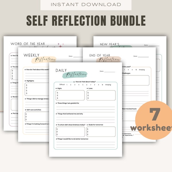 Self Reflection Worksheet Bundle Printable, Daily Weekly Monthly Reflection, Year in Pixels, Word of the Year, Reflection & Resolution
