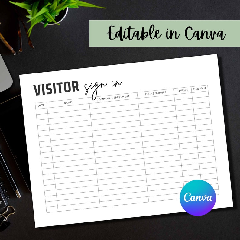 Visitor Sign in Sheet Template Canva Office Visitor Check in Etsy