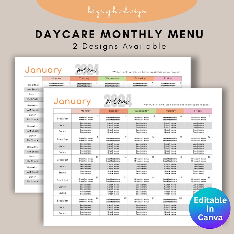Daycare Monthly Meal Menu With Calendar Dates Template Canva Simple ...