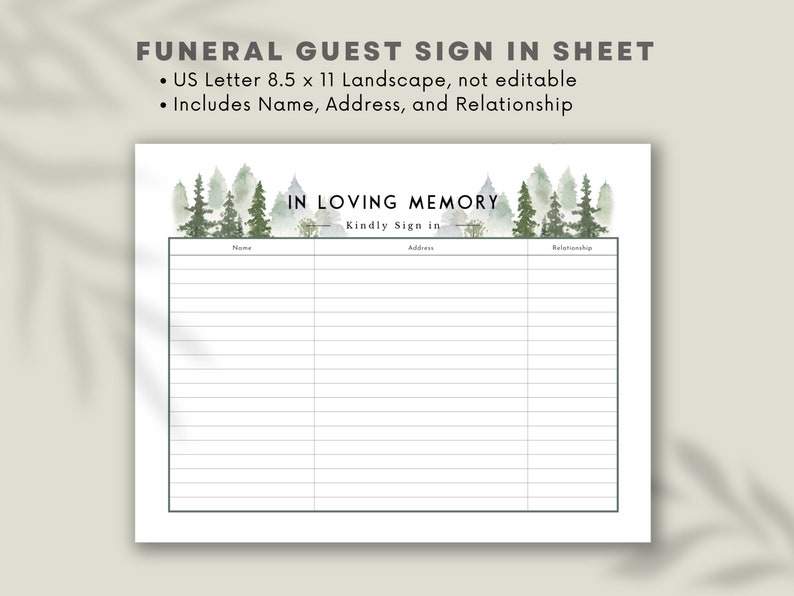 Funeral Guest Sign in Sheet Printable Forest Design Funeral Guest Book