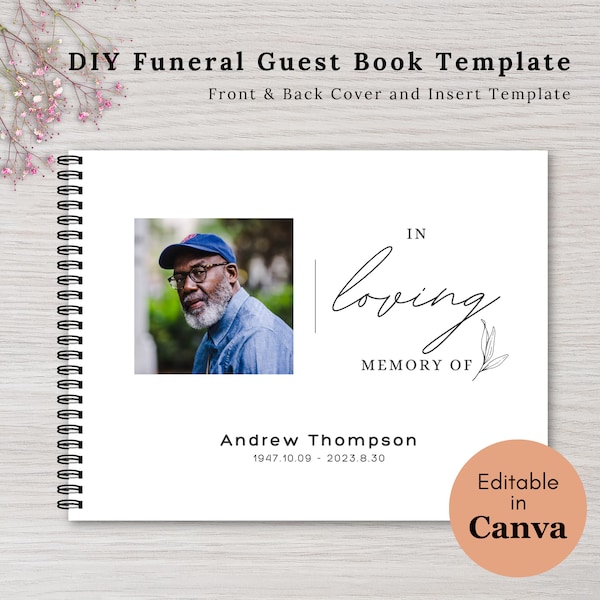 Funeral Guest Book Template DIY Funeral Sign In Book Canva Template 8.5" x 11" Landscape Orientation Instant Download