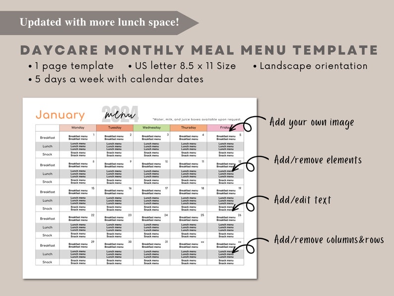 Daycare Monthly Meal Menu With Calendar Dates Template Canva Simple ...
