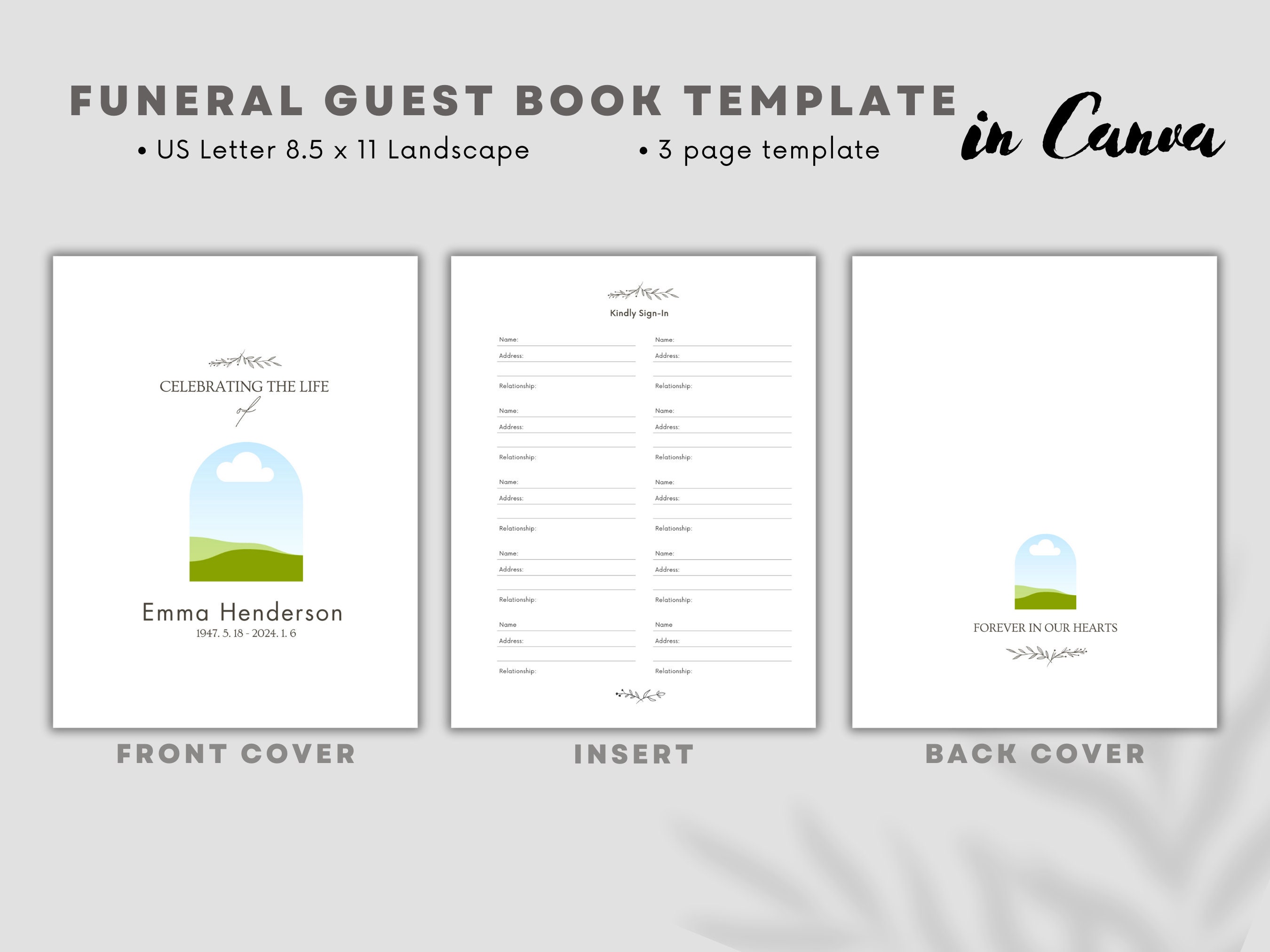 Funeral Guest Book Template DIY Funeral Sign in Book Editable Canva ...