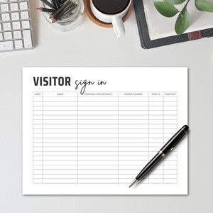 Visitor Sign in Sheet Printable Guest Check in Sheet for Office Shops Business Events Time Stamp ...