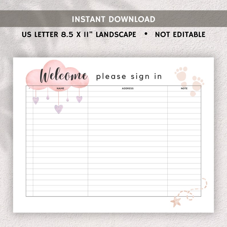 Baby Shower Guest Sign in Sheet Printable Pink Watercolor Theme Baby ...