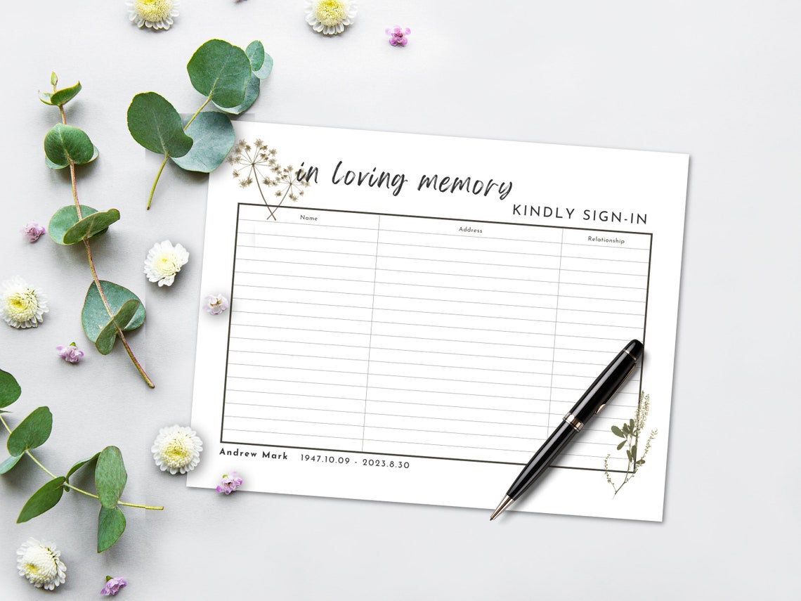 Funeral Guest Sign-in Sheet Template: Editable Canva Insert (digital
