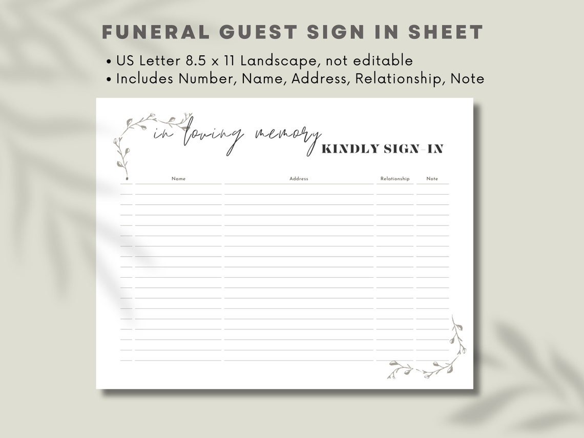 Funeral Sign in Sheet Printable Modern Funeral Guest Check in Sheet